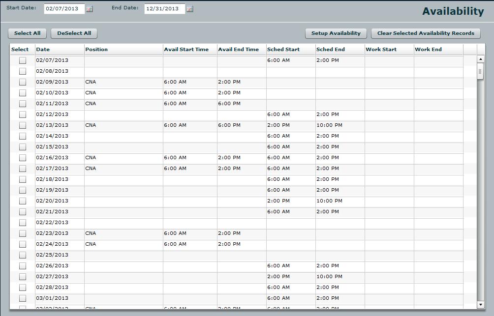 6.0 Availability Screen The Availability screen allows an employee to submit days that they are available to come in and cover open shifts.