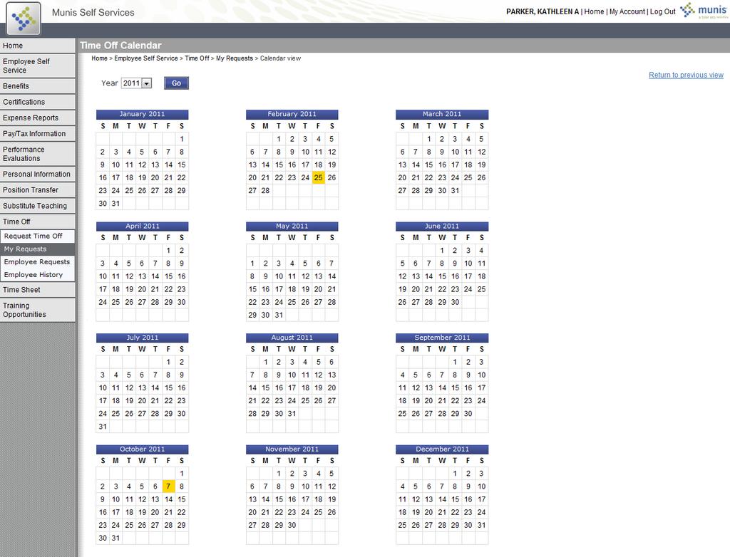 On the Time Off Calendar page, click