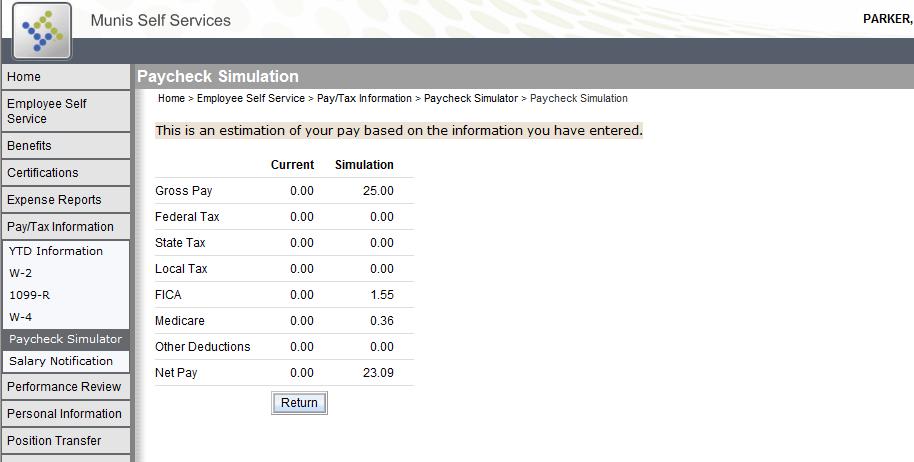 4. Click Return to return to the Paycheck Simulator page.