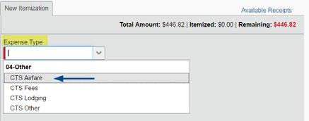vii) Use the drop down menu to select the CTS expense type.