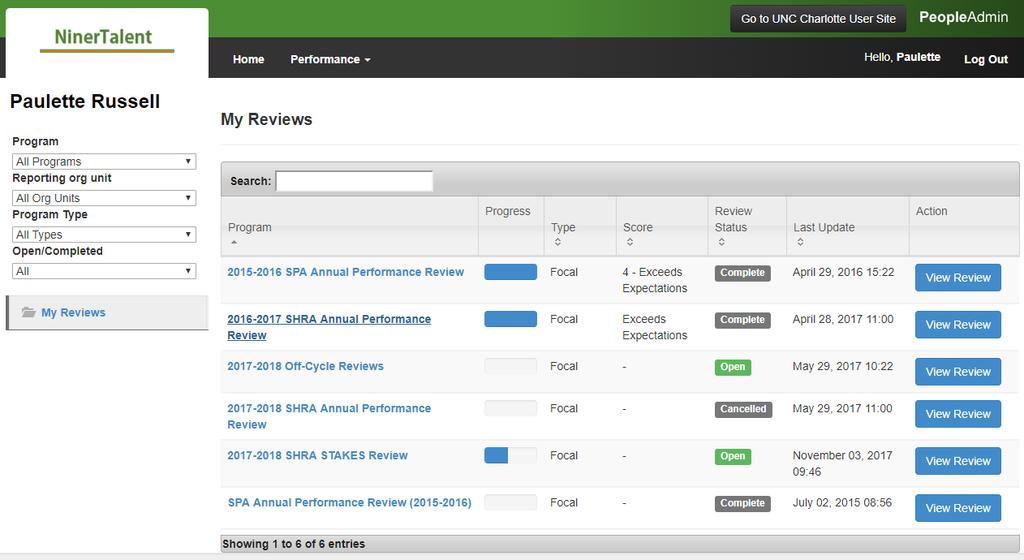 When the screen below appears, you will be able to select from a list of past and current performance review cycles.