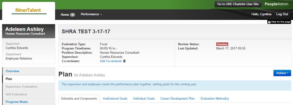 Once selected, the Performance Plan will appear. There are five (5) tab sections across the top of the Plan. The first tab section is titled Schedule and Components.