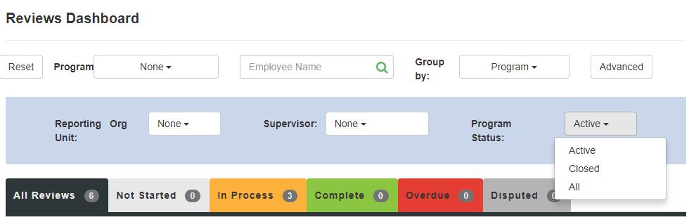 The filter bar at the top of the navigation screen allows you to sort by a specific program, search for a specific employee, and/or group the information by supervisor, reporting unit, etc.