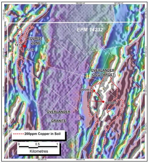 Tourist Zone Tourist Zone Newmont JV Similar geological position to Overlander and 2km to west Mineralised breccias, silicification and red