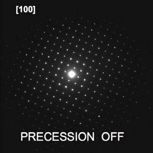 Precession electron diffraction Because beam tilted off strong multi-beam