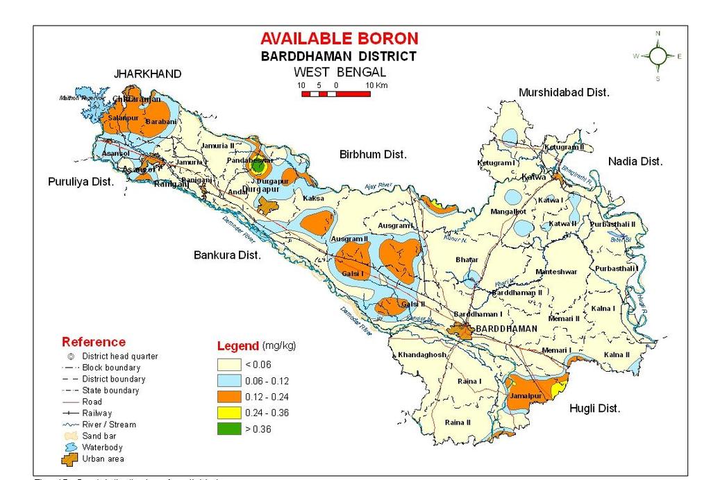 64 Available boron Area Km2 % Area Rating (mg kg -1 ) <0.06 5162.1 73.5 Deficient 0.06-0.12 908.2 12.9 0.12-0.24 684 9.7 0.24-0.36 32.6 0.5 > 0.36 11.8 0.2 Sufficient Miscellaneous 225.3 3.
