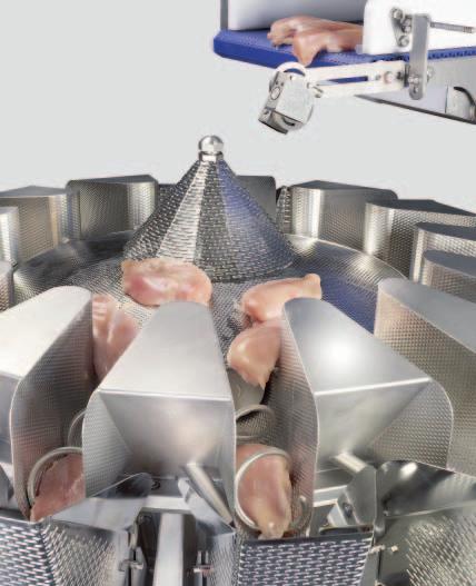 Every time new products reach the weighing hoppers, the multihead weigher calculates all options for combining the available products and matches the results with the two target weights.