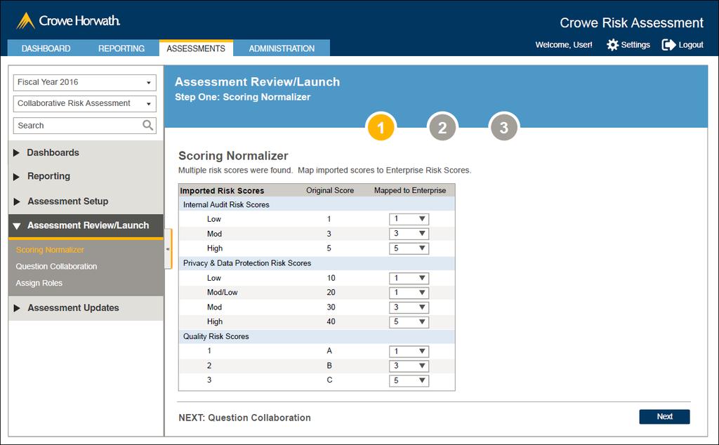 Crowe Collaborative Risk Assessment Normalization Help your organization move from Risk Assessment to Risk Management Normalize Scoring Across Assessments Allow for