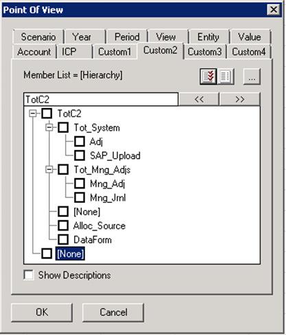 Custom 2 dimension Data Source Custom 2 is used for Data Sources in order to facilitate tracking of data changes from initial SAP upload thru each manipulation of data within HFM.