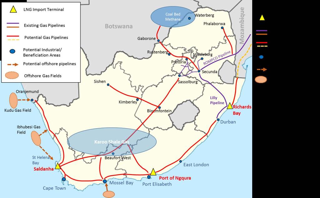 4. POTENTIAL GAS TERMINALS AND PIPELINE NETWORKS IN SOUTH AFRICA Various LNG terminals, offshore developments and pipelines that have been considered for supplying South Africa with natural gas are