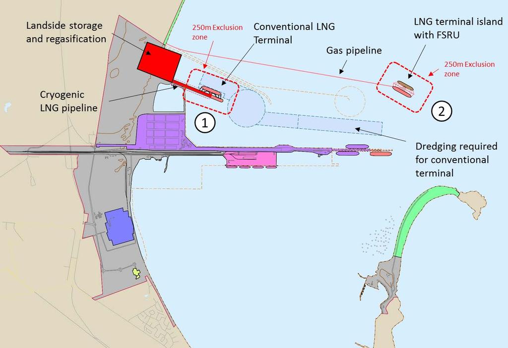 Figure 34: Potential LNG Terminals in the Port of Saldanha Bay Figure 34 shows the potential layout