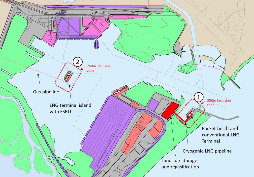 Figure 41: Potential LNG Terminals in the Port of Richards Bay Option 1 in Figure 41 shows the potential layout of a conventional land based terminal in a dig-out basin adjacent to