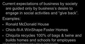 Examples: Ronald McDonald House Chick-fil-A WinShape Foster Homes Chiquita recycles 100% of bags & twine and builds homes and