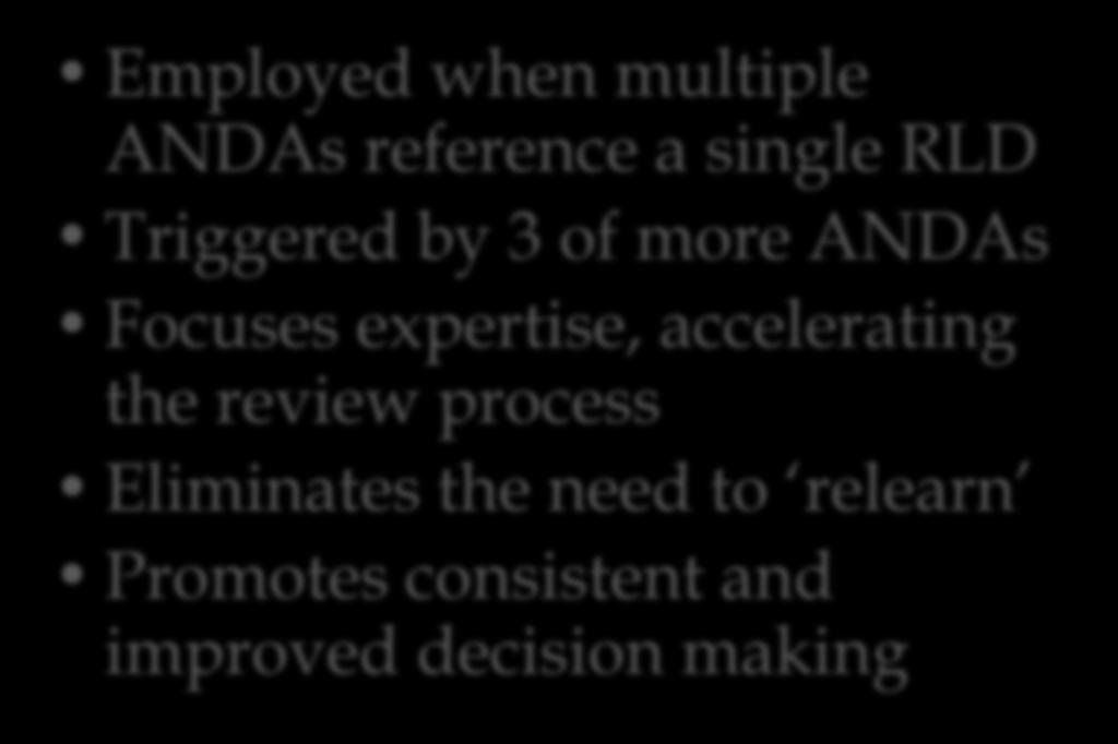 reference a single RLD Triggered by 3 of more ANDAs Focuses expertise, accelerating