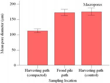 Soil damage done by mechanization was apparent as significantly smaller pore diameters were observed in the harvesting path of the compacted soil as compared to the frond pile path and the control