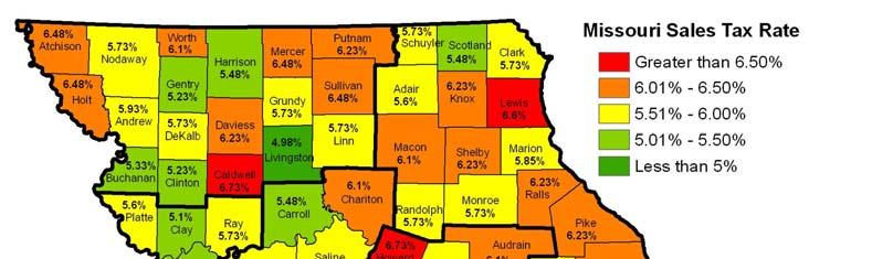 Missouri Sales Tax Rates The map above presents the combined state and county sales tax rate excluding the local sales taxes. Sales tax rates in Missouri range from 4.73% to 8.24%.