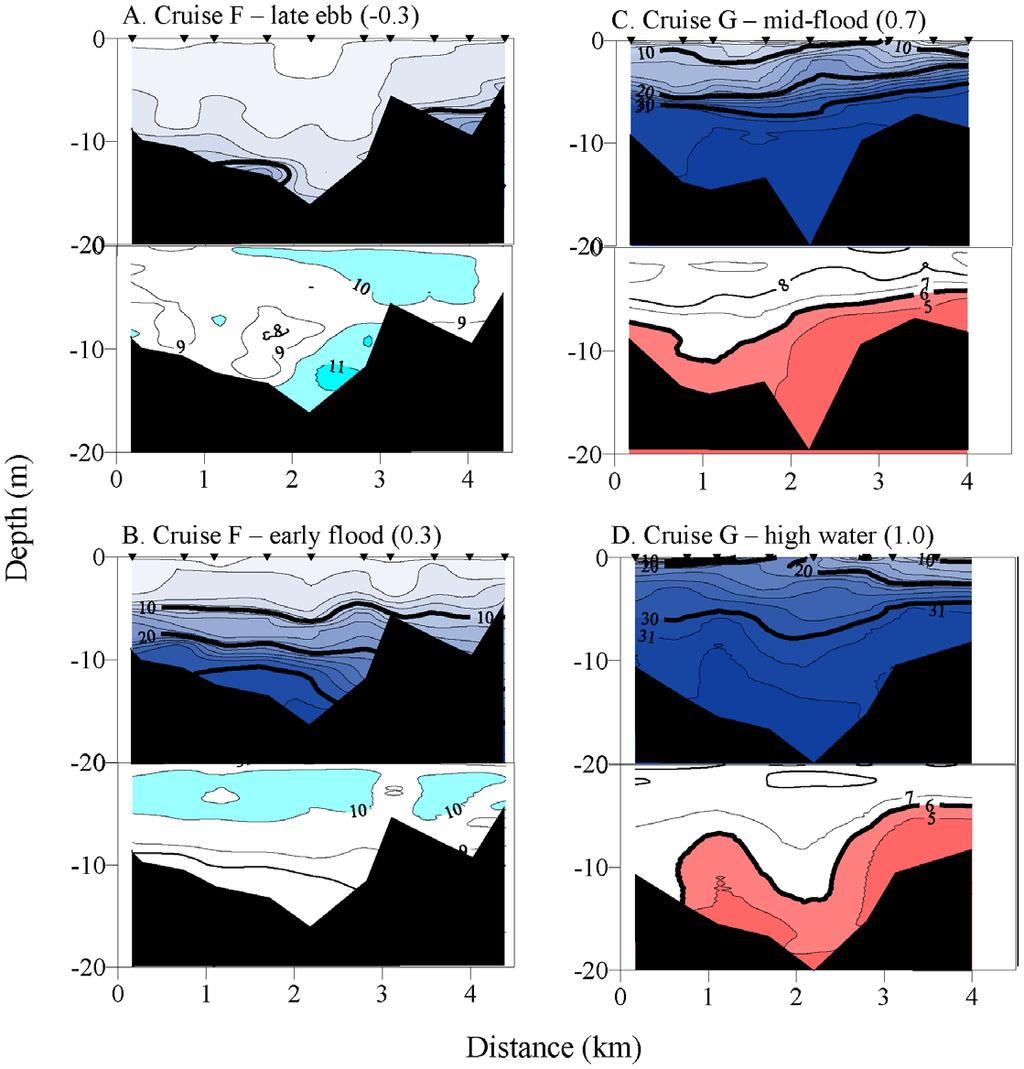 Figure 7. Across-channel transects of vertical water column salinity and dissolved oxygen concentration during May 2007. Salinity, top panels. Oxygen concentration, bottom panels.