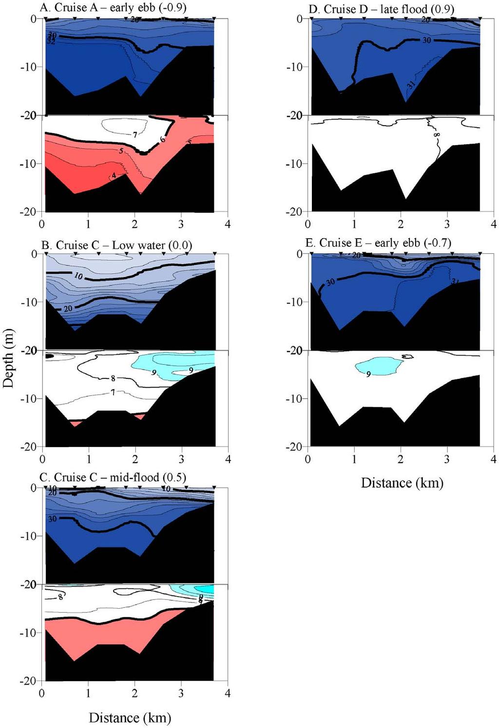 Figure 6. Across-channel transects of vertical water column salinity and dissolved oxygen concentration during Autumn 2006. Salinity, top panels. Oxygen concentration, bottom panels.