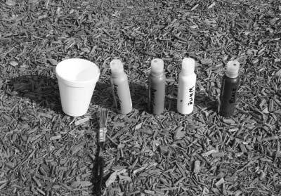 Scuff Installation Mark Instructions Color Touch Up Required Tools: Bottle of water. Items from Kit: Small paint brushes, 3 mixing cups, spray bottle, concrete sealer, and concrete stain.
