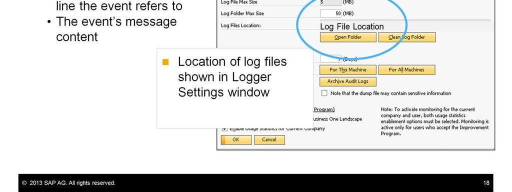 The log files provide a source of information that is useful when dealing with incident reports and searching for solutions. SAP Business One creates a new log file on every startup.