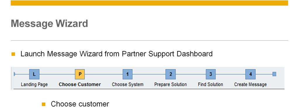 From the Partner Support Dashboard, you can launch the SAP Message Wizard. The wizard guides you through the process: Choose the customer from your list of customers.