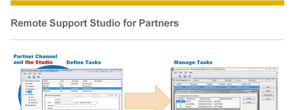 The Remote Support Platform (RSP) Studio for SAP Business One enables partner companies to create their own tasks for customers. Partners can download tasks to customers and upload task results.