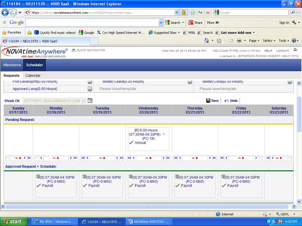 Schedules NOVAtime allows employees to quickly view their upcoming schedule through the Attendance>Schedule tab.