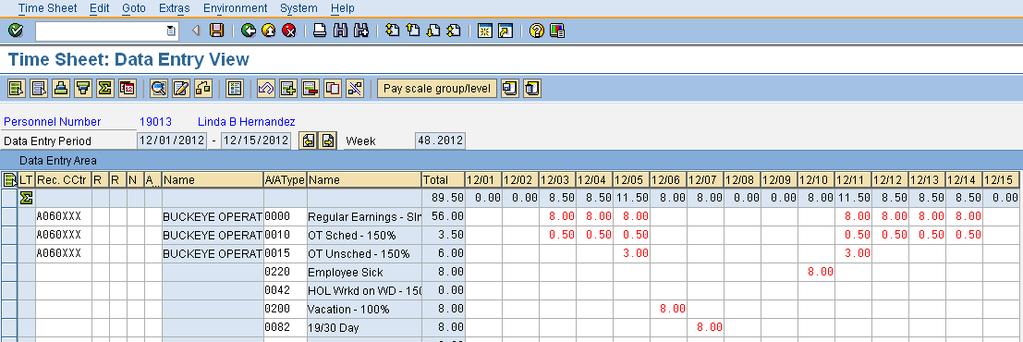 Time Sheet Entry Salaried Non-Exempt 19/30.5 hours each work day are scheduled overtime. Other overtime is coded as unscheduled. 19/30 day entered, when taken.