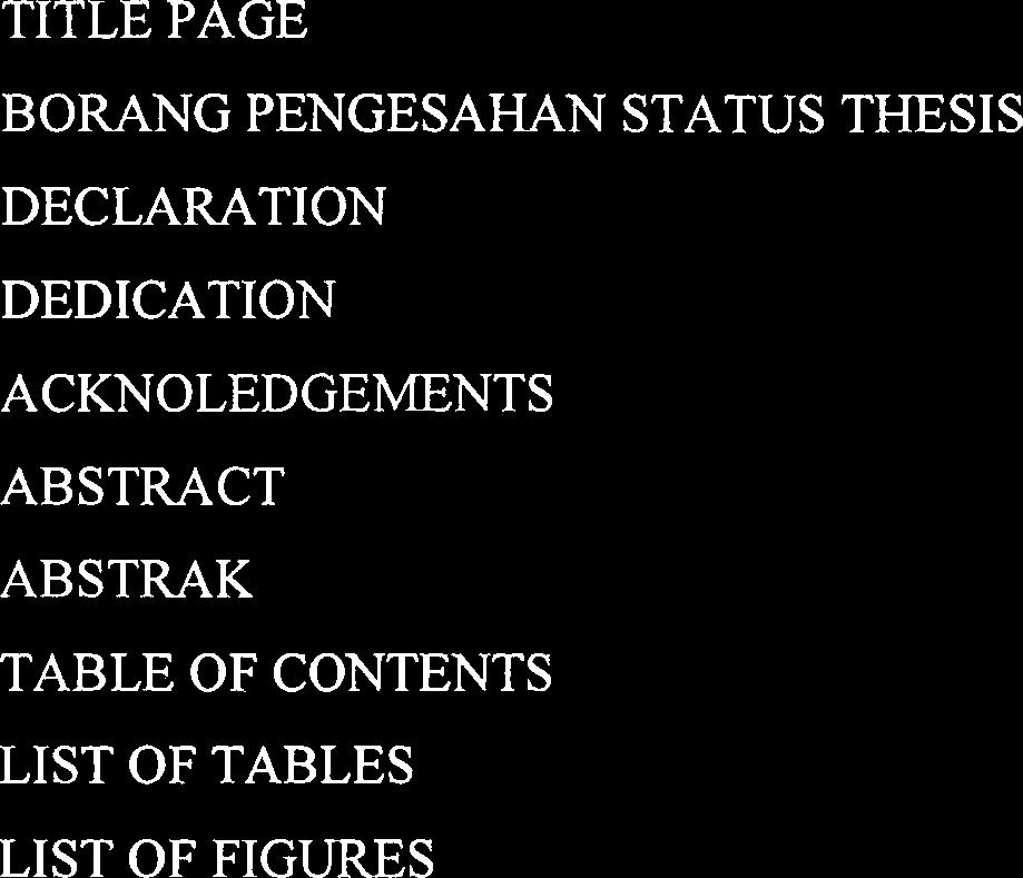 TABLE OF CONTENTS CHAPTER SUBJECT PAGE TITLE PAGE BORANG PENGESAHAN