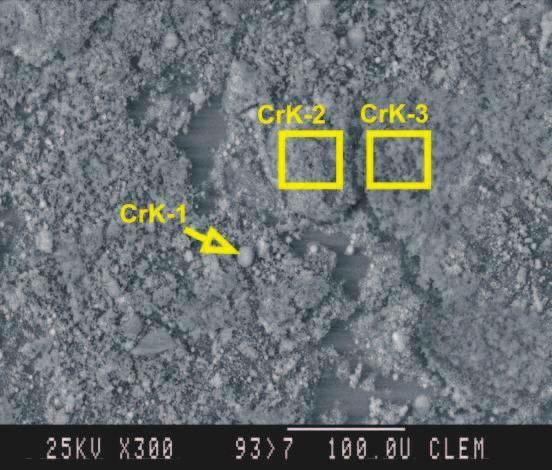 Fig. 5 Morphology of the sample CrK with magnifications 300x and 1000x Tab. 7 Chemical composition of certain areas in the sample CrK AREA CONTENT [WT. %] Mg Si Ca Cr Mn Fe Cu Zn Ni CrK-1 2.5 8.6 12.