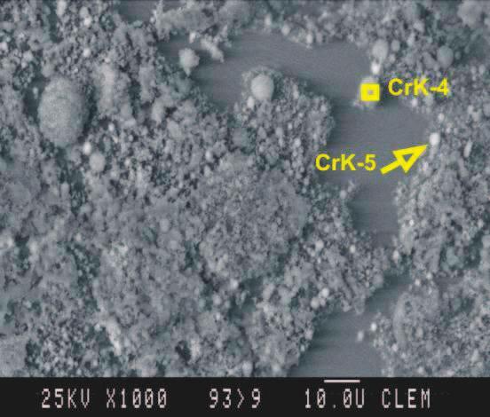 3 0 Particle CrK-1 in the sample CrK (Fig. 5 and Tab. 7) contains almost 43 % of Zn and area of the particle CrK-5 more than 43 % of Zn. It results from the Tab.