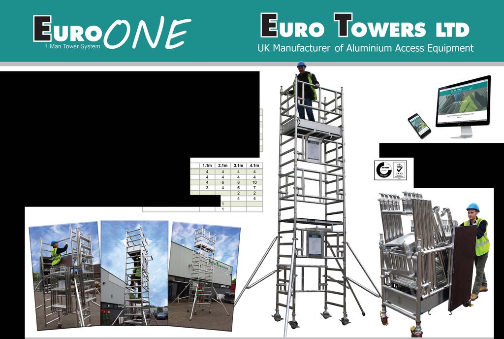 1 Man Mobile Aluminium Tower System Euro one, quick assembly, one person aluminum mobile tower Easy to erect and dismantle by one person with the base unit forming a trolley for fast storage and