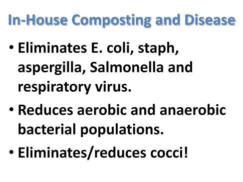 Research at LSU, U of AR, Auburn U and the U of D have found in-house composting *essentially eliminates E. cole, staph, aspergilla, and Salmonella.
