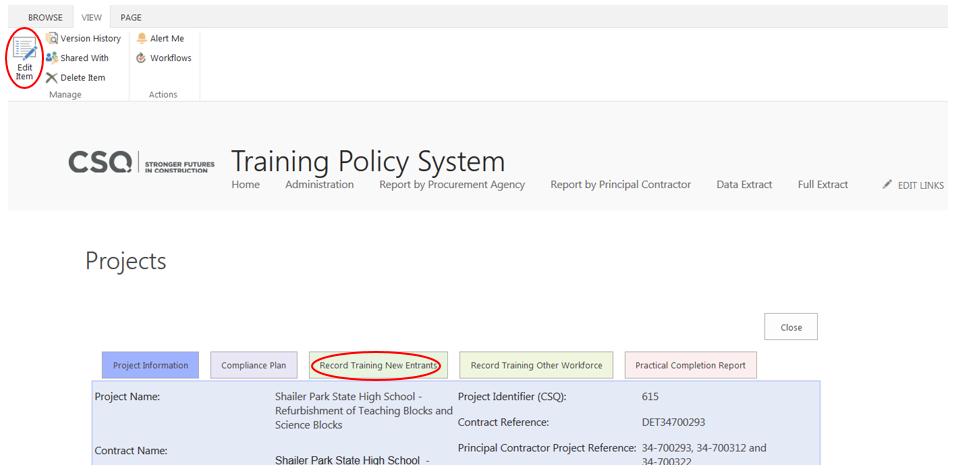 Record Training New Entrants TPAS Instructions 1. Open the relevant project by clicking on the Project Name.