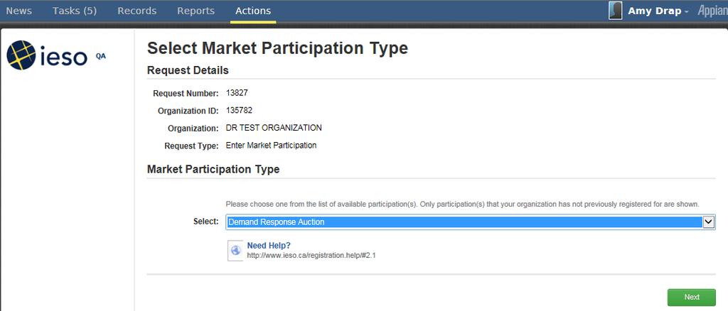 12. Appendix A: Using Online IESO to Authorize as a DRAP 4 Select Enter Market Participation from drop down box and