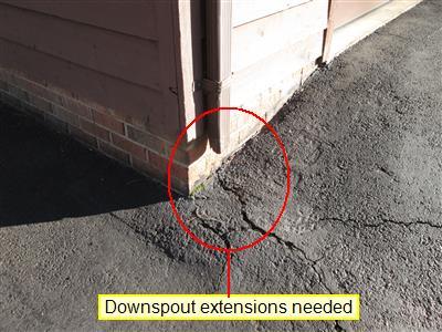 The below ground drain lines for downspouts are not fully visible, the termination locations were not identified.