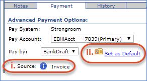 i. The Source will be updated to Invoice, indicating the payment type has been set at the invoice level. ii. The Set as Default option link will appear.