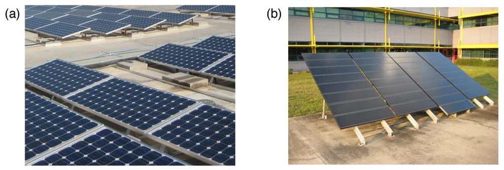 modules mounted on a rooftop and an array of ground mounted thin film PV modules. Figure 1-2: (a) An array of rooftop mounted c-si PV modules; and (b) an array of ground mounted thin film PV modules.