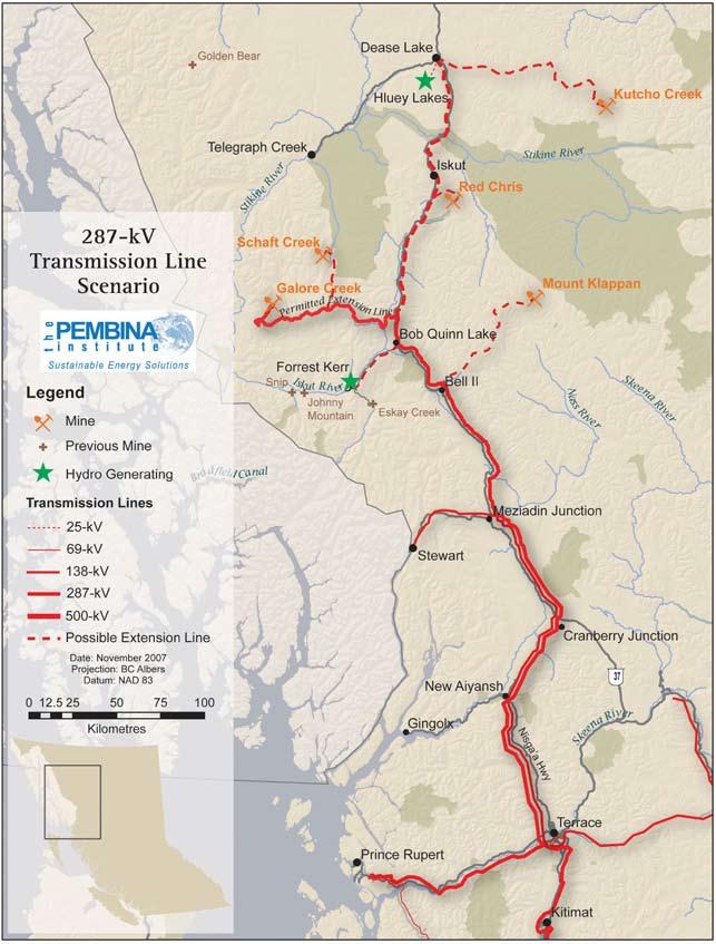 Figure 2 287-kV Transmission Line Scenario This map shows the 287-kV transmission line proposal (the solid red lines) and one scenario of possible mines and connections