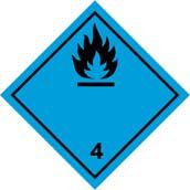 CLASS 4 (No. 4.1) Division 4.1 Flammable solids Symbol (flame): black; Background: white with seven vertical red stripes; Figure '4' in bottom corner CLASS 5 (No. 4.2) Division 4.