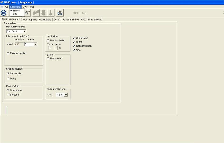 Experiment Menu Experiment Menu contains function to set the experiment and view the data Protocol: Set the environment