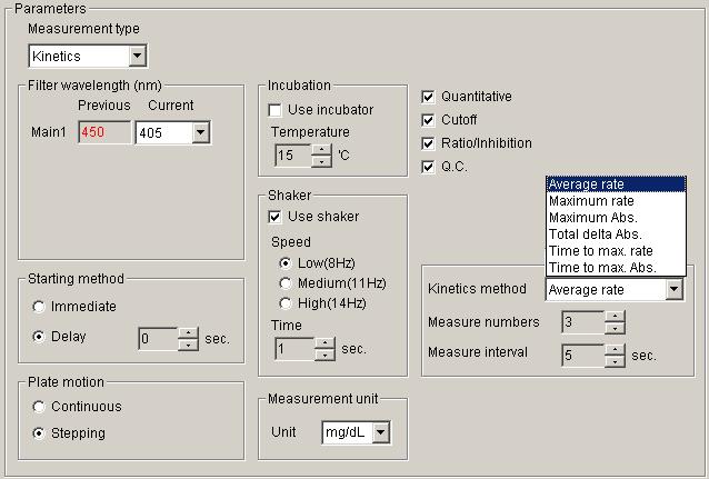 c Kinetics: Kinetics measuring method can only select main filter and no reference filter 2. Filter wavelength: Users will need to select the filter wavelength for the desired experiment.