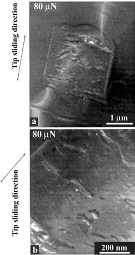 FIGURE 19.27 (a) Bright-field and (b) weak-beam TEM micrographs of wear mark in Si(100) produced at a normal load of 80 µn and one scan cycle showing bend contours and dislocations. (From Zhao, X.