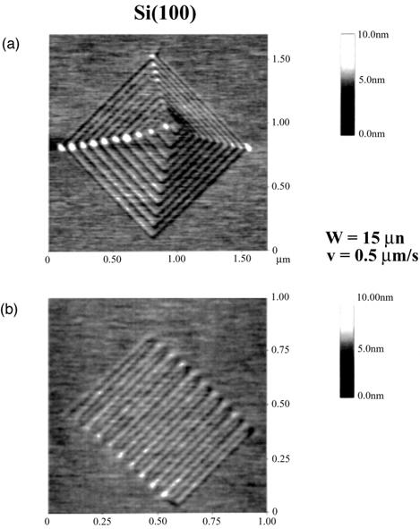FIGURE 19.30 (a) Trim and (b) spiral patterns generated by scratching a Si(100) surface using a diamond tip at a normal load of 15 µn and writing speed of 0.5 µm/s. debris during scratching.