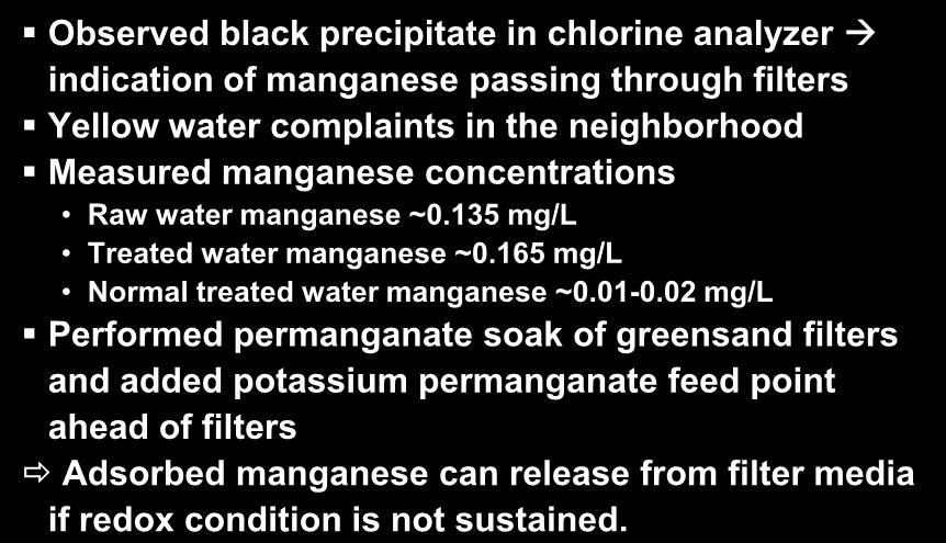 Oxidation Issues: Manganese Observed black precipitate in chlorine analyzer indication of manganese passing through filters Yellow water complaints in the neighborhood Measured manganese