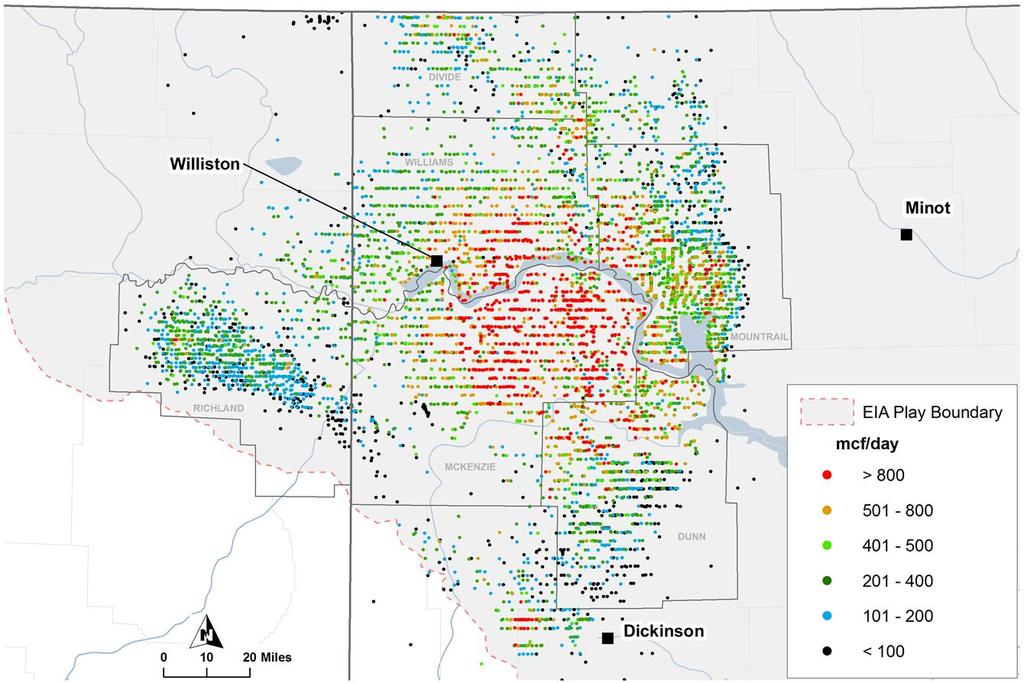 MAJOR U.S. TIGHT OIL PLAYS WITH SIGNIFICANT ASSOCIATED SHALE GAS PRODUCTION Figure 3-109 provides a closer view of the main gas production area along with the counties utilized in the analysis.