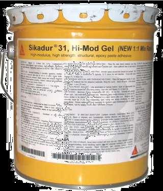 Sikadur 31, Hi-Mod Gel Packaging: 1 and 3 gallon units Coverage: 1 gal. yields 231 in 3 of epoxy paste adhesive 1 gal.