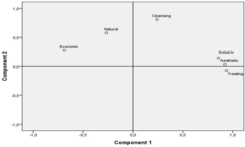 Figure 4. Component Plot in Rotated Space Table 6 contains the rotated component matrix, which indicates the factor structure.