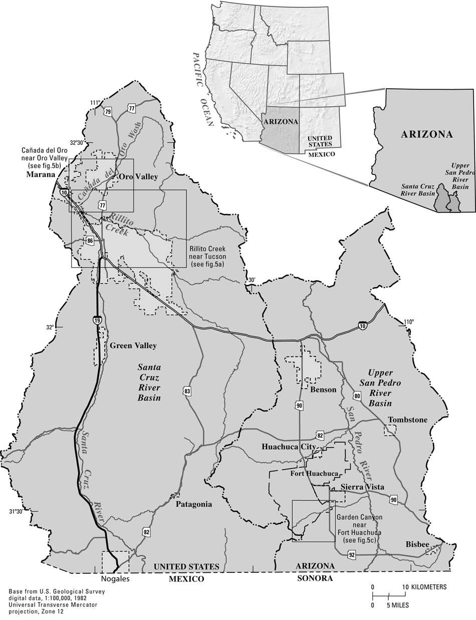 Figure 1. Study areas of Rillito Creek near Tucson, Cañada del Oro near Oro Valley, and Garden Canyon near Fort Huachuca. streams that drain large parts of basins.