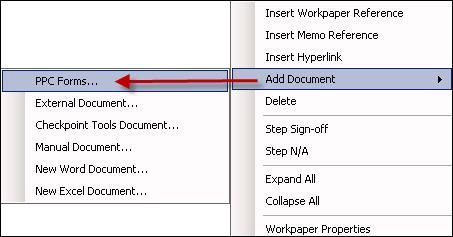 Right-click an existing workpaper in the Workpaper Index column and select Add Document from the